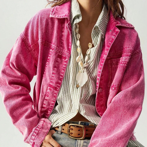 Hot Pink Women's Loose Fit Dropped Shoulder Long Sleeve Washed Jean Jacket - Picture 8 of 8